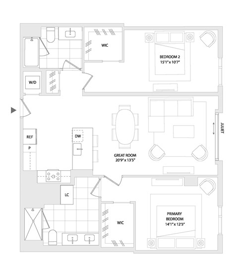 Floor plan for 2 beds, 2 baths, 1224 sqft
